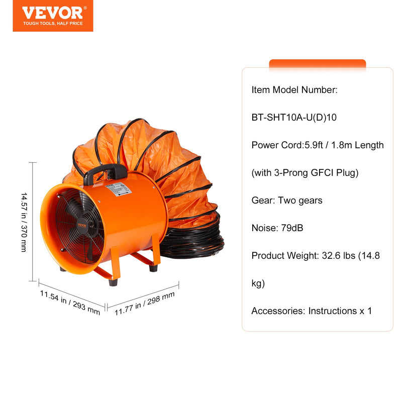 VEVOR Pārnēsājamais Ventilators: 254 mm cilindrisks ventilators, 10 m garš elastīgs gaisa vads, 300W, 1720 CFM, Ideāls rūpnieciskai lietošanai, darbnīcām, mājām u.c., lai izsūktu putekļus, dūmus. Paredzēts smagām slodzēm