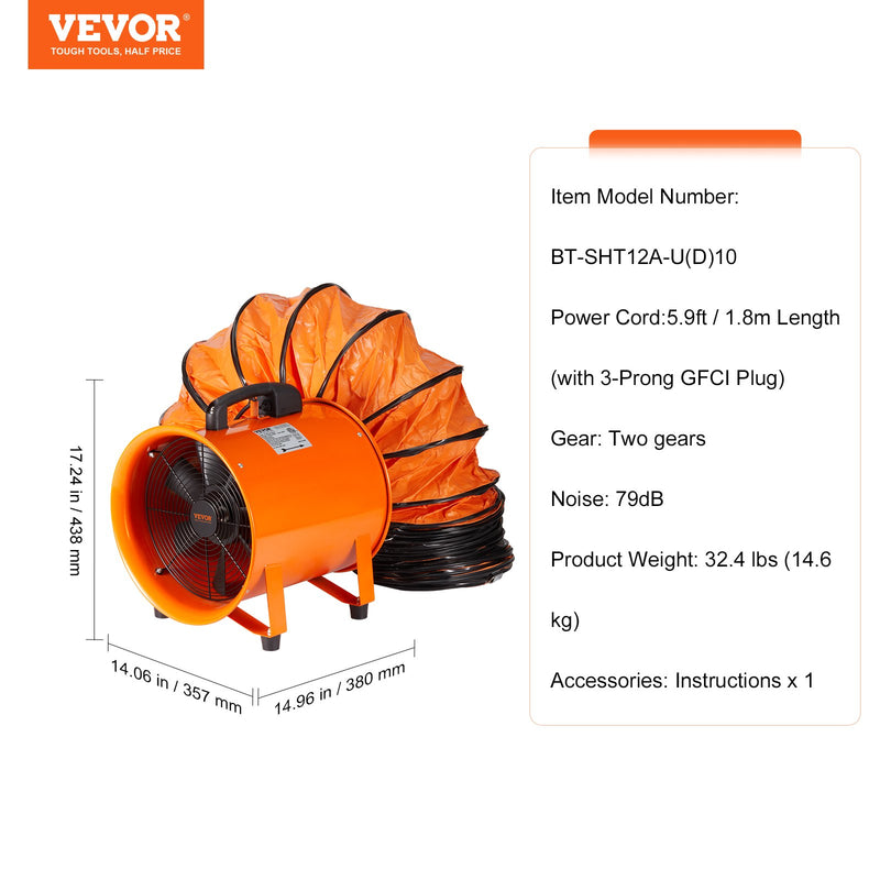 VEVOR Pārnēsājamais ventilators, 304,8 mm smagā duty cilindriskais ventilators ar 10 m gaisa cauruli, 365W jaudīgs veikala izplūdes ventilators 2574CFM, industriāls universāls ventilators putekļu, dūmu, smaku uzsūkšanai mājās/ darba vietā.