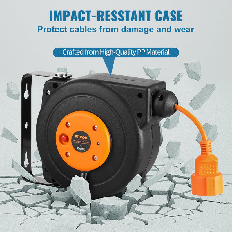 VEVOR 1000W automātiski ievelkama pagarinātāja spole ar 9 m strāvas vadu, 1 m ievadvadvads