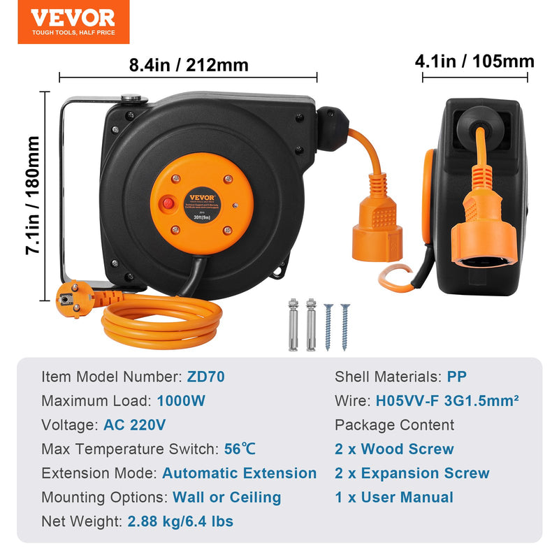 VEVOR 1000W automātiski ievelkama pagarinātāja spole ar 9 m strāvas vadu, 1 m ievadvads