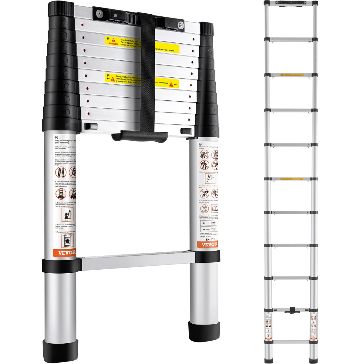 VEVOR teleskopiskās kāpnes, 3,2 m, alumīnija, ar vienas pogas ievilkšanu, salokāmas izbīdāmās kāpnes, 170 kg slodze, ar neslīdošām kājām, pārnēsājamas, daudzfunkcionālas, kompaktas - piemērotas mājai, kemperim, bēniņiem, ANSI sertificētas.
