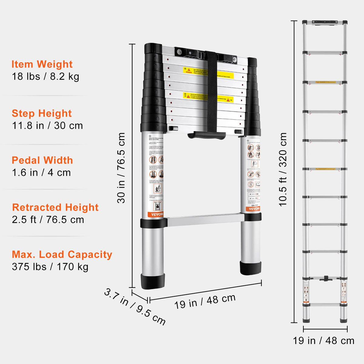 VEVOR teleskopiskās kāpnes, 3,2 m, alumīnija, ar vienas pogas ievilkšanu, salokāmas izbīdāmās kāpnes, 170 kg slodze, ar neslīdošām kājām, pārnēsājamas, daudzfunkcionālas, kompaktas - piemērotas mājai, kemperim, bēniņiem, ANSI sertificētas.