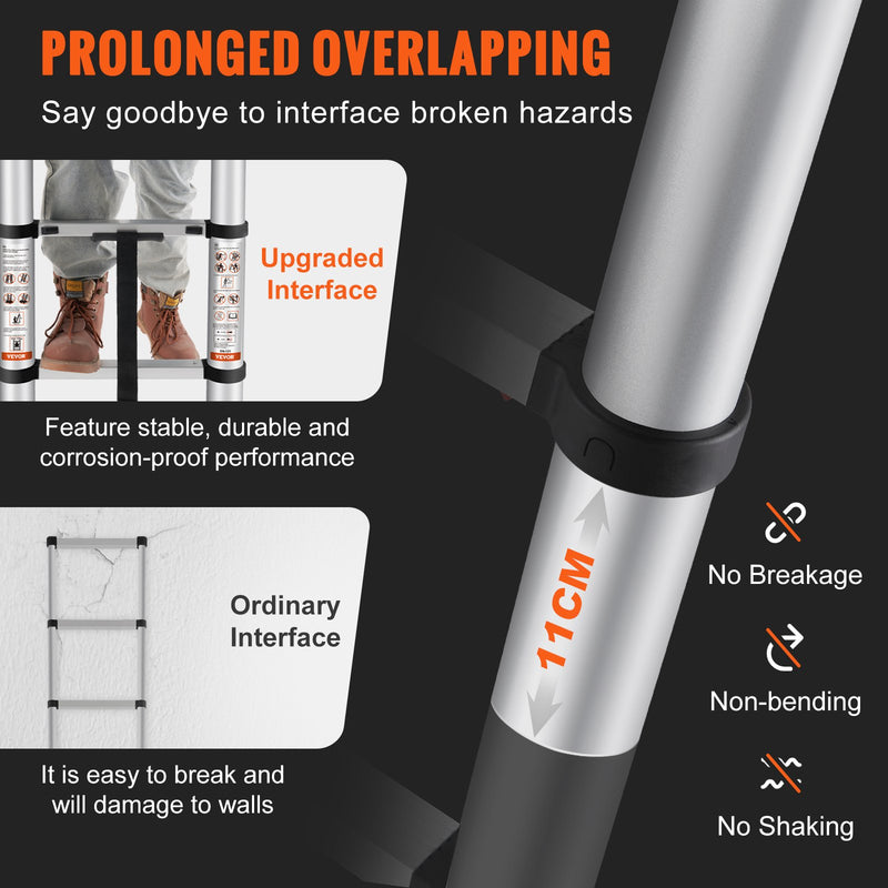 VEVOR 3.8m teleskopiskās kāpnes, alumīnija pagarinājuma solis, līdz 170kg svaram, daudzfunkcionālas pārnēsājamas