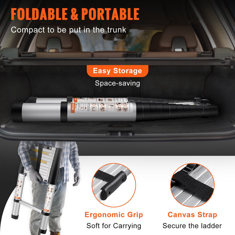 VEVOR 3.8m teleskopiskās kāpnes, alumīnija pagarinājuma solis, līdz 170kg svaram, daudzfunkcionālas pārnēsājamas