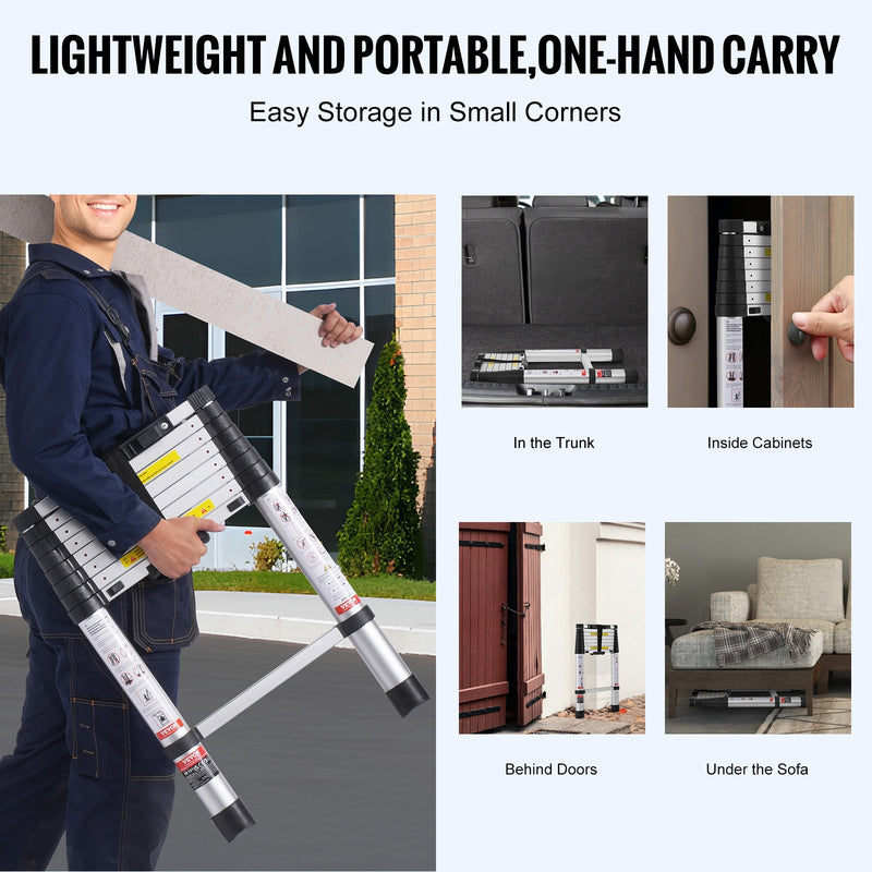 VEVOR teleskopiskās izbīdāmās kāpnes, 2,6 m, ar vienas pogas ievilkšanu, 170 kg slodze