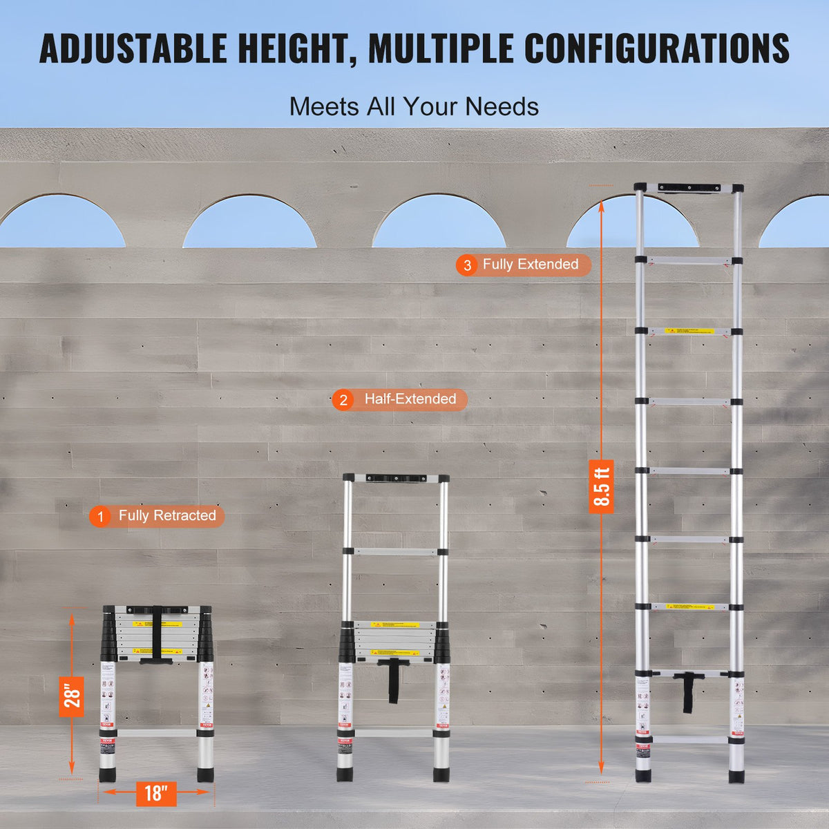 VEVOR Telescopic Extension Ladder, 2.6 m, One-Button Retraction, 170 kg Load Capacity