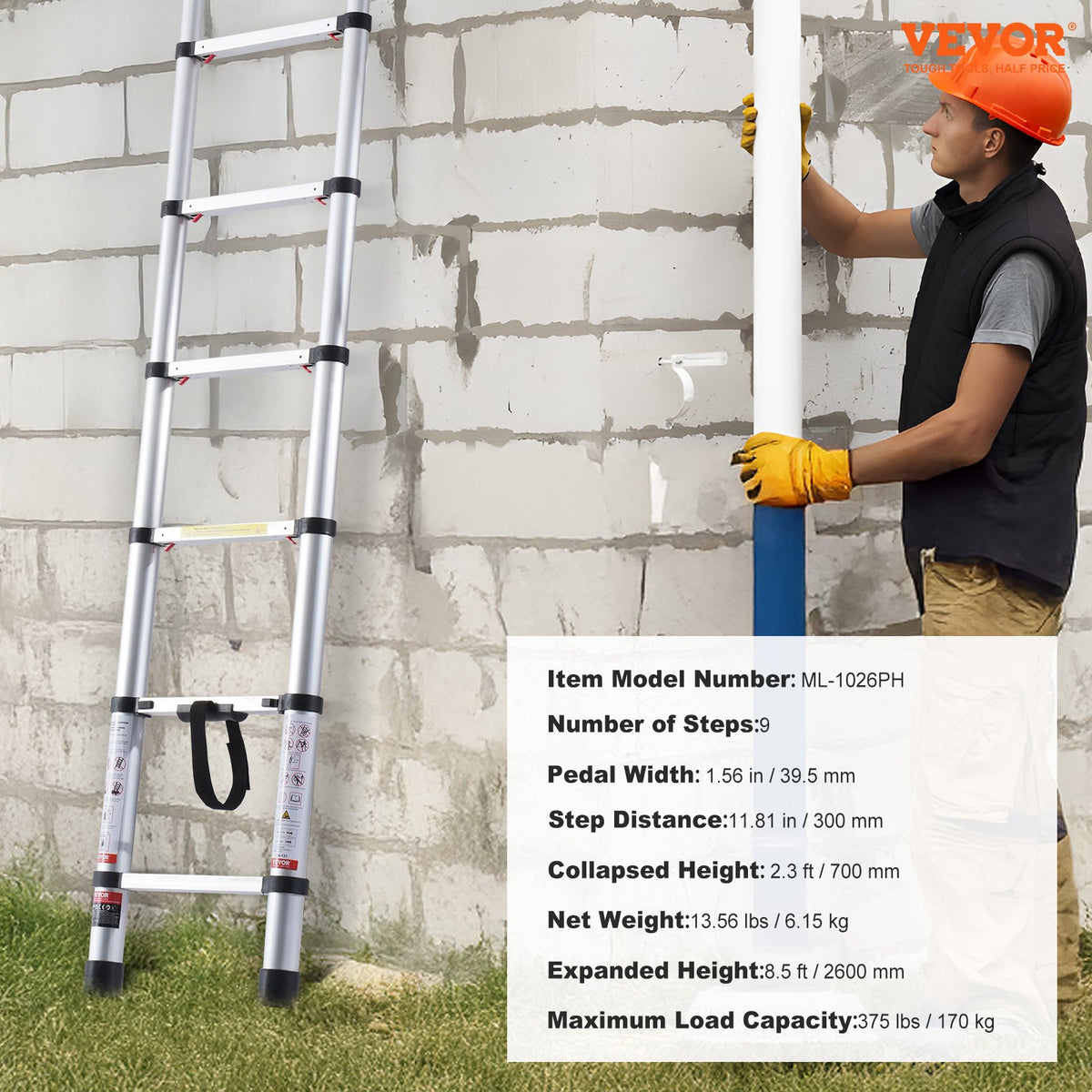 VEVOR Telescopic Extension Ladder, 2.6 m, One-Button Retraction, 170 kg Load Capacity