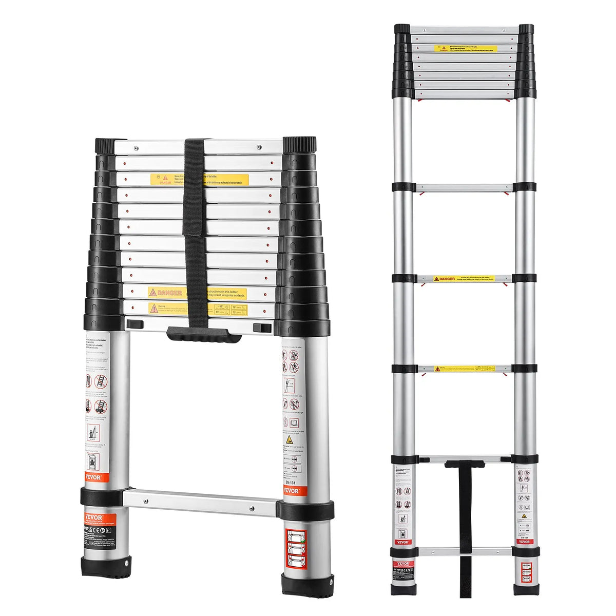 VEVOR 3.8 m Telescopic Aluminium Ladder, Lightweight Multifunctional Folding Extendable Ladder with One-Touch Lowering Mechanism, Maximum Load 150 kg, with Non-Slip Feet, Suitable for Home, Outdoor Work and Lofts