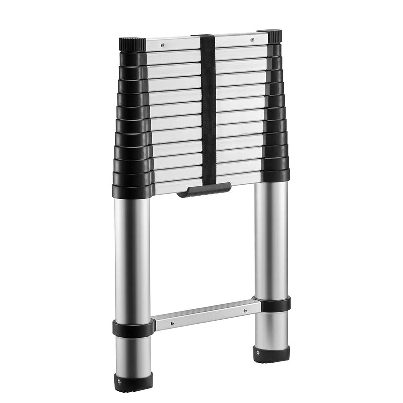 VEVOR 3,8 m teleskopiskā alumīnija kāpne, viegla daudzfunkcionāla salokāma pagarināmā kāpne ar vienpieskāriena nolaišanas mehānismu, maksimālā slodze 150 kg, ar neslīdošām kājām, piemērota mājai, āra darbiem un bēniņiem