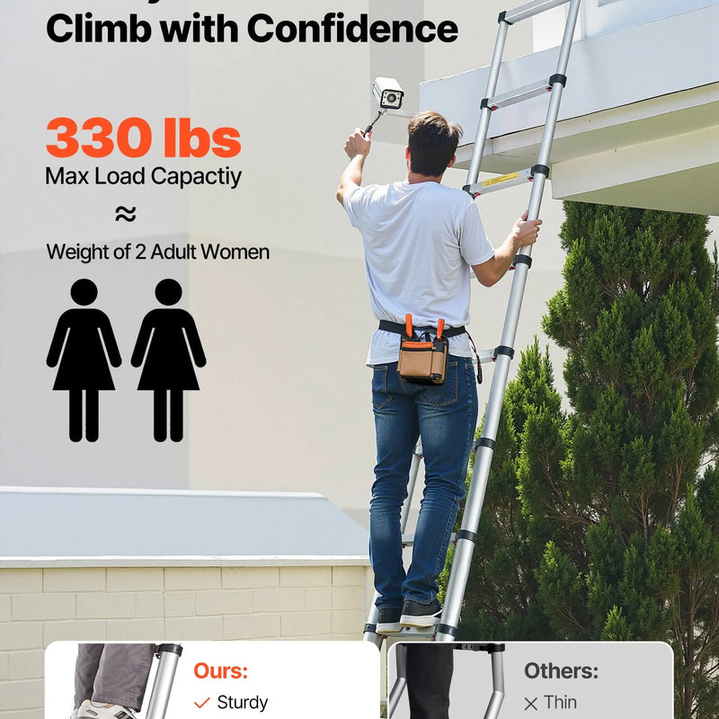 VEVOR 3,8 m teleskopiskā alumīnija kāpne, viegla daudzfunkcionāla salokāma pagarināmā kāpne ar vienpieskāriena nolaišanas mehānismu, maksimālā slodze 150 kg, ar neslīdošām kājām, piemērota mājai, āra darbiem un bēniņiem