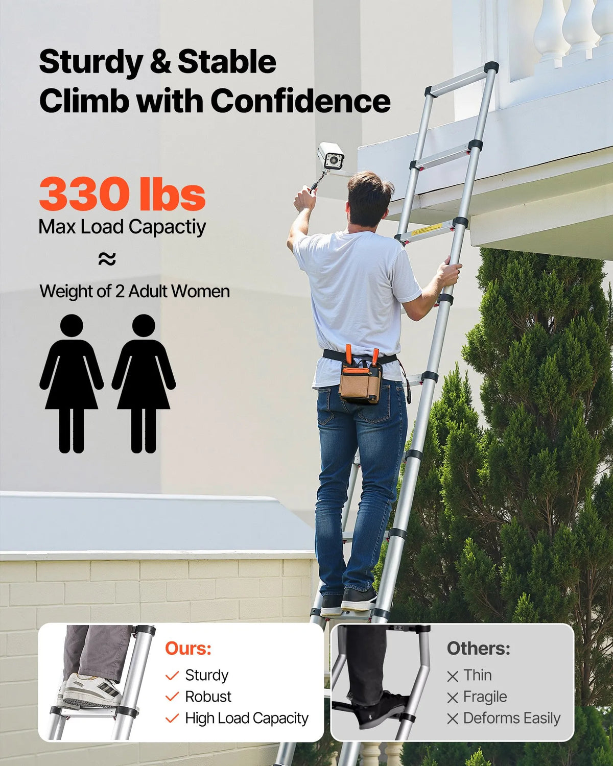 VEVOR 3.8 m Telescopic Aluminium Ladder, Lightweight Multifunctional Folding Extendable Ladder with One-Touch Lowering Mechanism, Maximum Load 150 kg, with Non-Slip Feet, Suitable for Home, Outdoor Work and Lofts