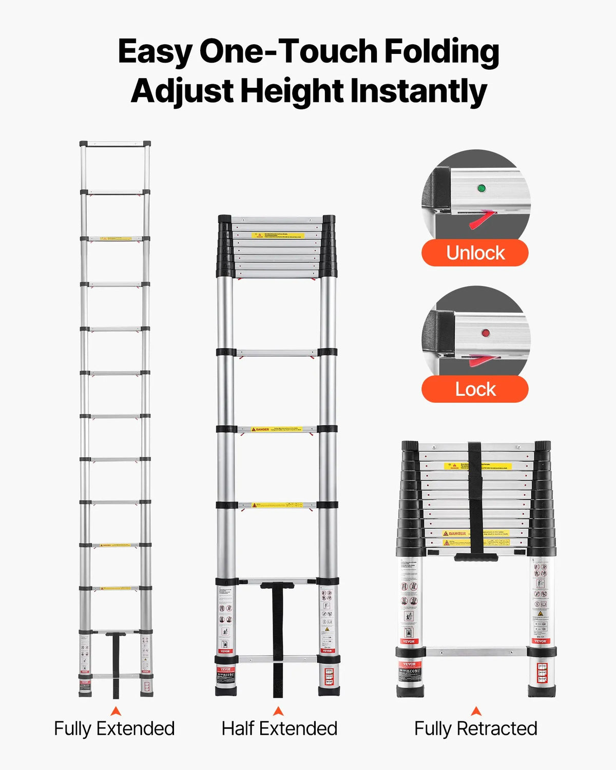 VEVOR 3.8 m Telescopic Aluminium Ladder, Lightweight Multifunctional Folding Extendable Ladder with One-Touch Lowering Mechanism, Maximum Load 150 kg, with Non-Slip Feet, Suitable for Home, Outdoor Work and Lofts