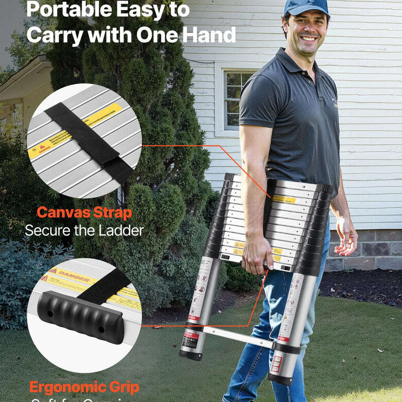 VEVOR 3,8 m teleskopiskā alumīnija kāpne, viegla daudzfunkcionāla salokāma pagarināmā kāpne ar vienpieskāriena nolaišanas mehānismu, maksimālā slodze 150 kg, ar neslīdošām kājām, piemērota mājai, āra darbiem un bēniņiem