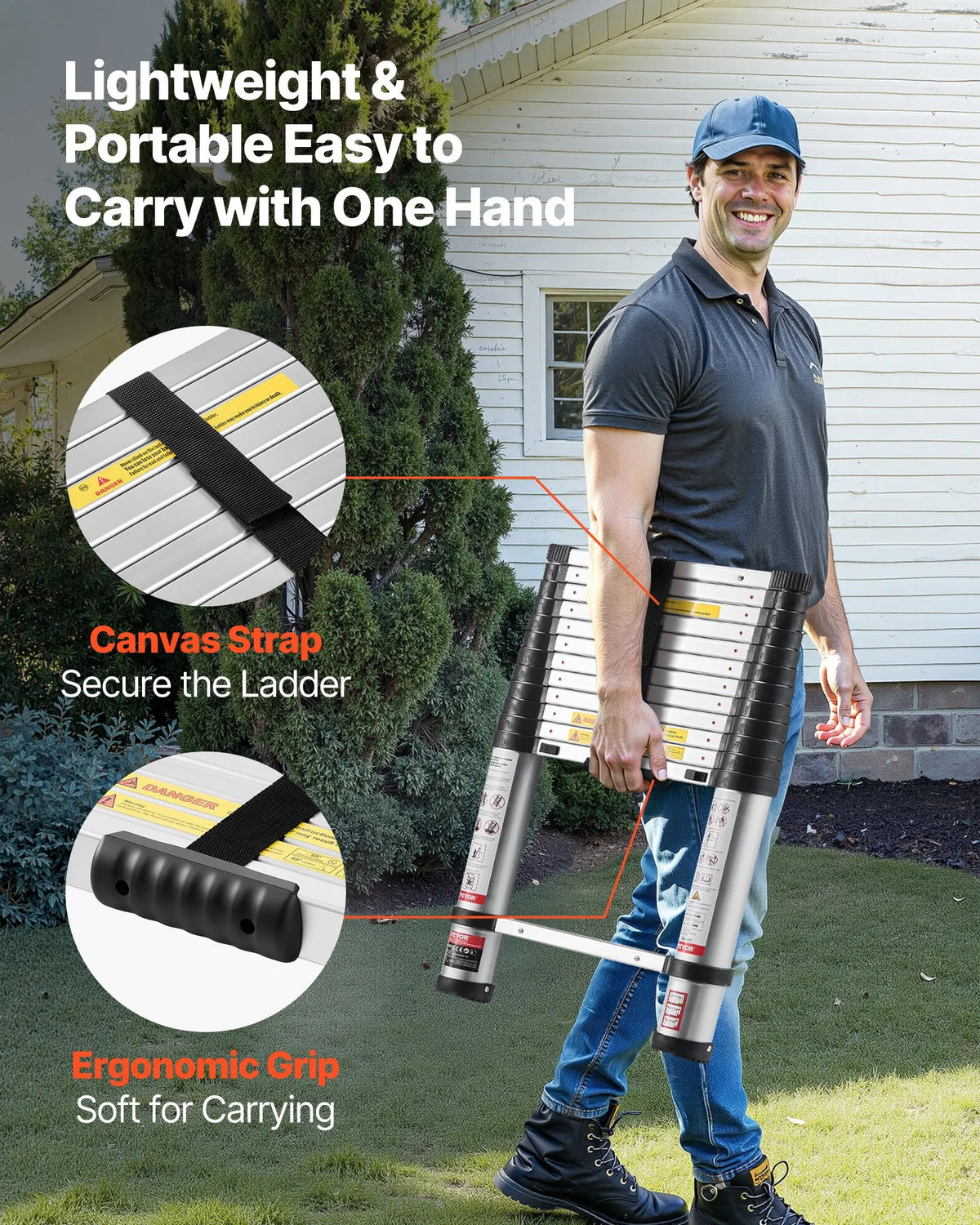 VEVOR 3.8 m Telescopic Aluminium Ladder, Lightweight Multifunctional Folding Extendable Ladder with One-Touch Lowering Mechanism, Maximum Load 150 kg, with Non-Slip Feet, Suitable for Home, Outdoor Work and Lofts