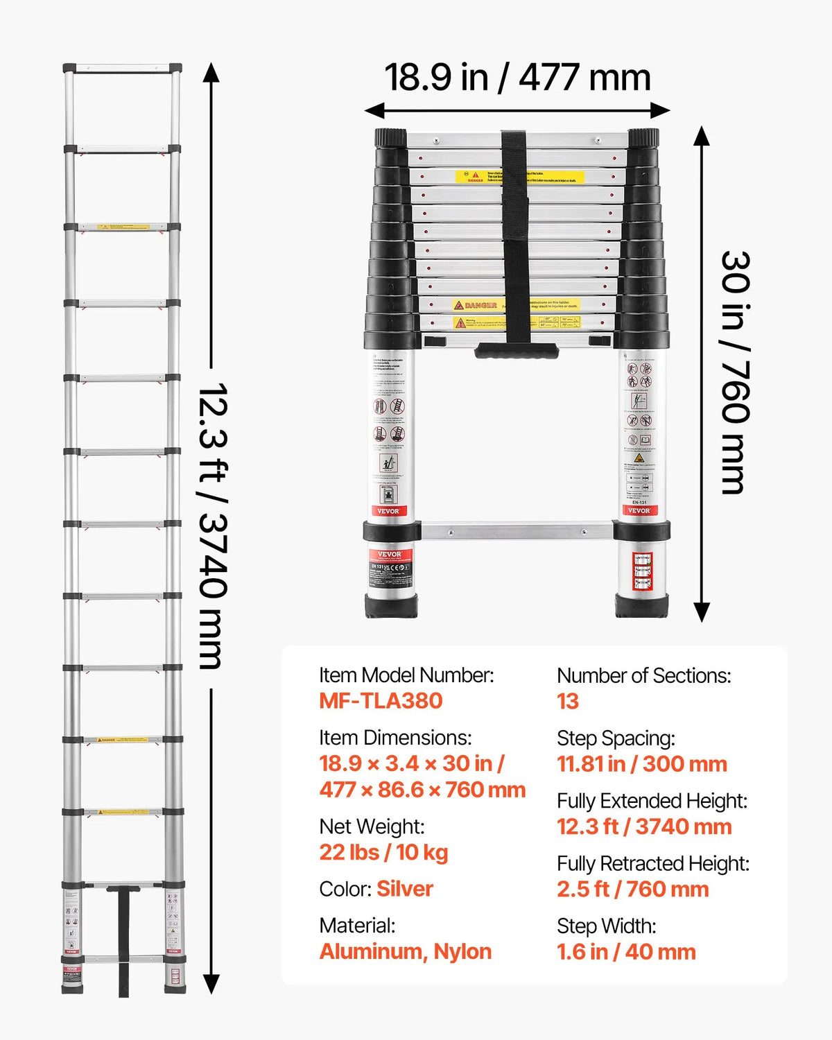 VEVOR 3.8 m Telescopic Aluminium Ladder, Lightweight Multifunctional Folding Extendable Ladder with One-Touch Lowering Mechanism, Maximum Load 150 kg, with Non-Slip Feet, Suitable for Home, Outdoor Work and Lofts