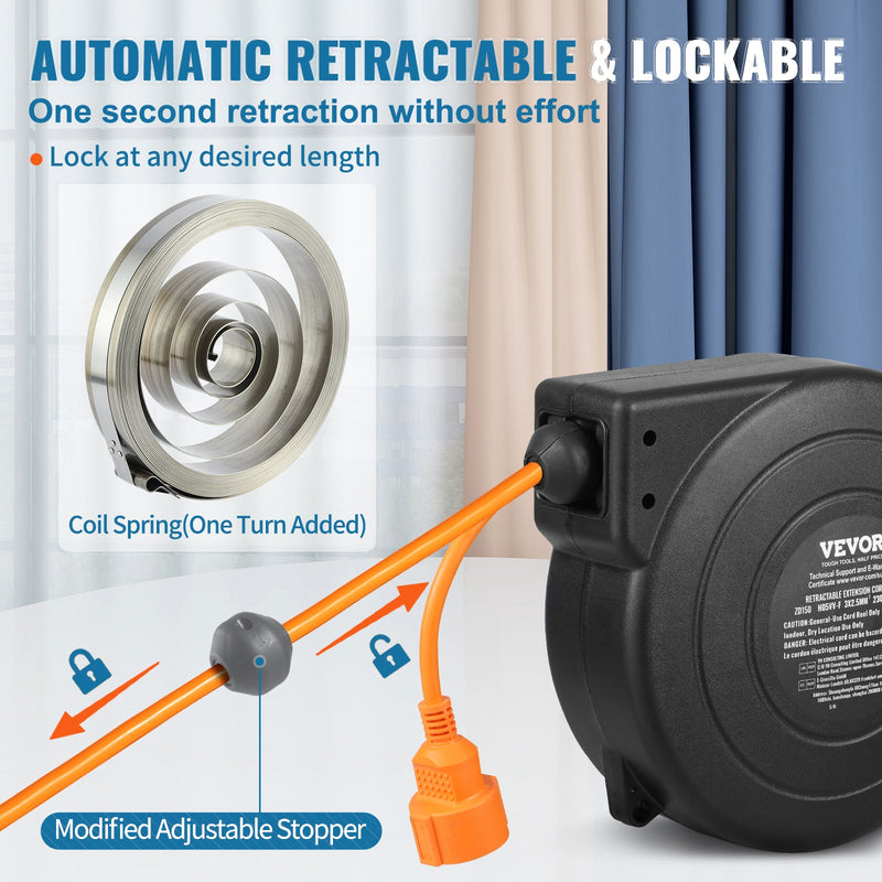 VEVOR 1600W automātiski ievelkama pagarinātāja spole ar 15 m strāvas vadu, 1 m ievadvadvads