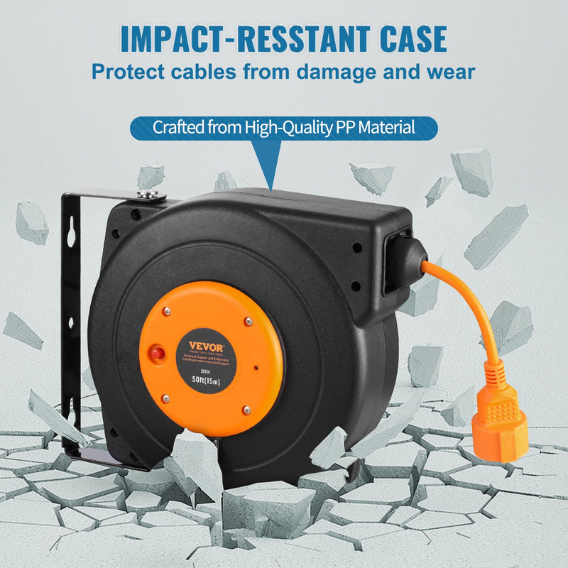 VEVOR 1600W automātiski ievelkama pagarinātāja spole ar 15 m strāvas vadu, 1 m ievadvadvads