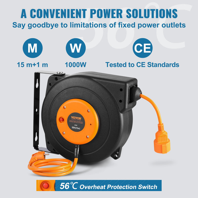 VEVOR 1000W automātiski ievelkama pagarinātāja spole ar 15 m strāvas vadu, 1 m ievadvads