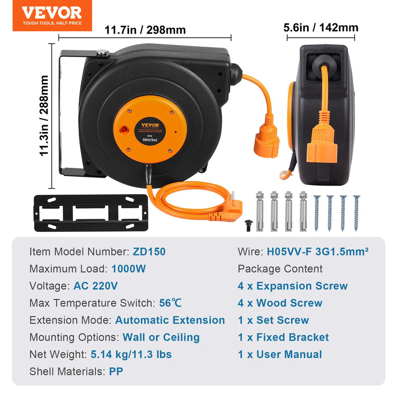 VEVOR 1000W automātiski ievelkama pagarinātāja spole ar 15 m strāvas vadu, 1 m ievadvads