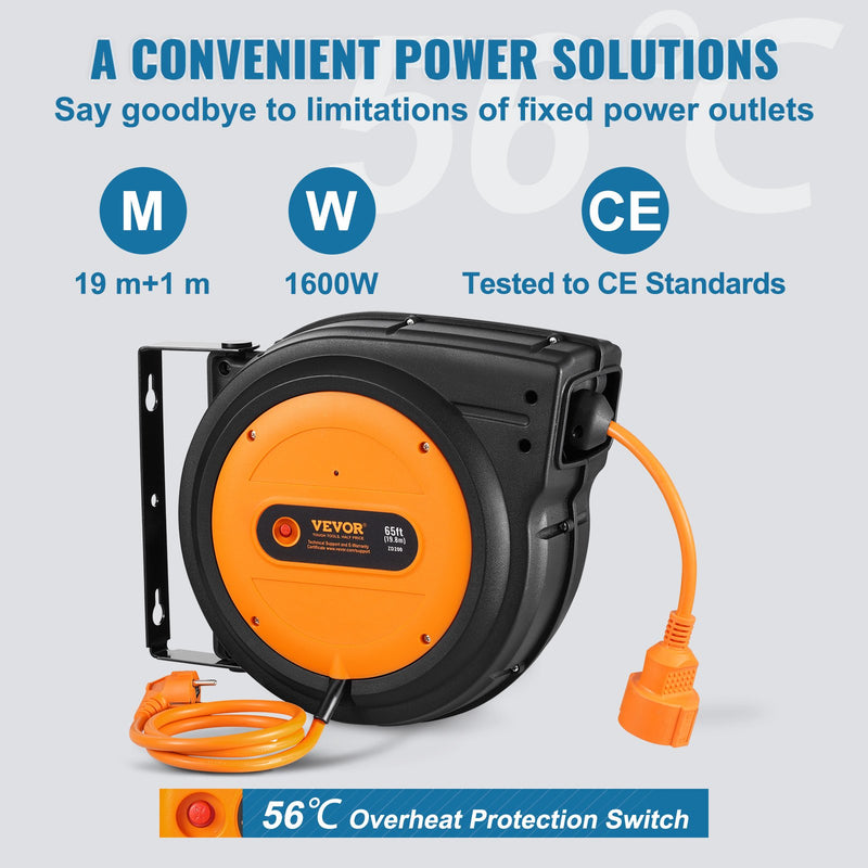 VEVOR 1600W automātiski ievelkama pagarinātāja spole ar 19 m strāvas vadu, 1 m ievadvads