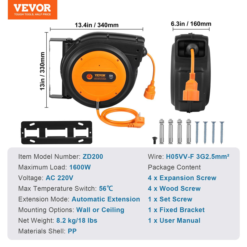 VEVOR 1600W automātiski ievelkama pagarinātāja spole ar 19 m strāvas vadu, 1 m ievadvads