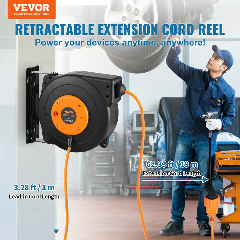VEVOR 1000W automātiski ievelkama pagarinātāja spole ar 19 m strāvas vadu, 1 m ievadvadvads
