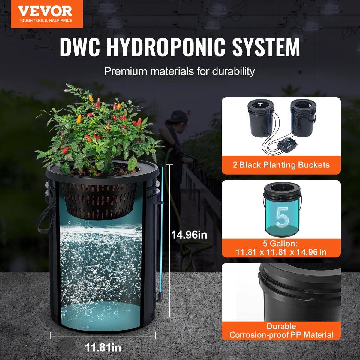 DWC Hydroponic Growing System with Deep Water Culture and Top Drip Feeding, 2 Tanks