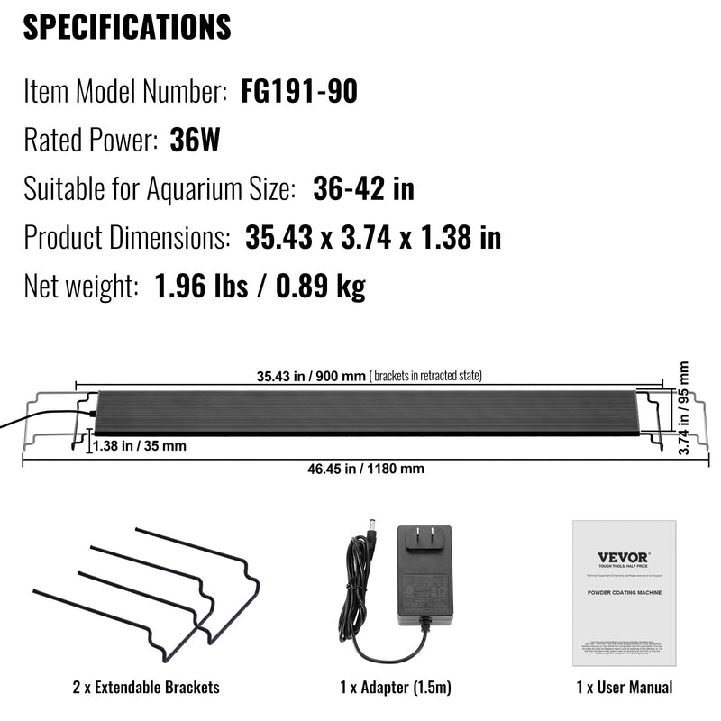 VEVOR Pilna Spektra Akvārija Gaisma ar LCD Displeju – 36W, Piemērota 91–107 cm Saldūdens Akvārijiem