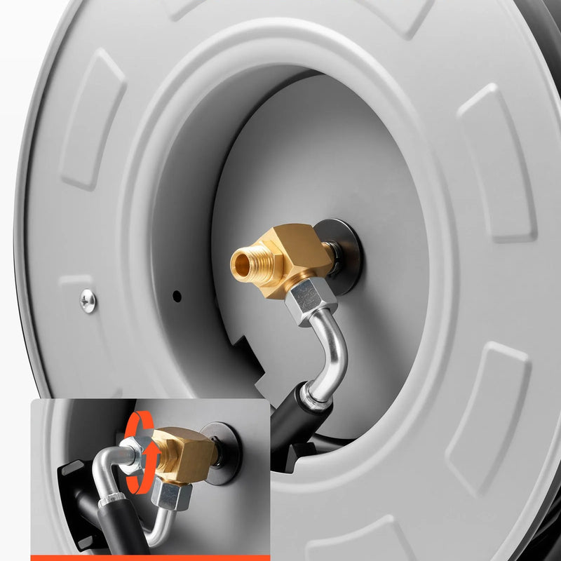 VEVOR augstspiediena mazgātāja šļūtenes spole ar automātisku ievilkšanu, 19,8 m x 6,4 mm, maksimālais spiediens 220 bar, pastiprināta tērauda konstrukcija, sienas vai grīdas montāža, piemērota auto mazgāšanai, dārzam un grīdu tīrīšanai - ZEMLETES.LV