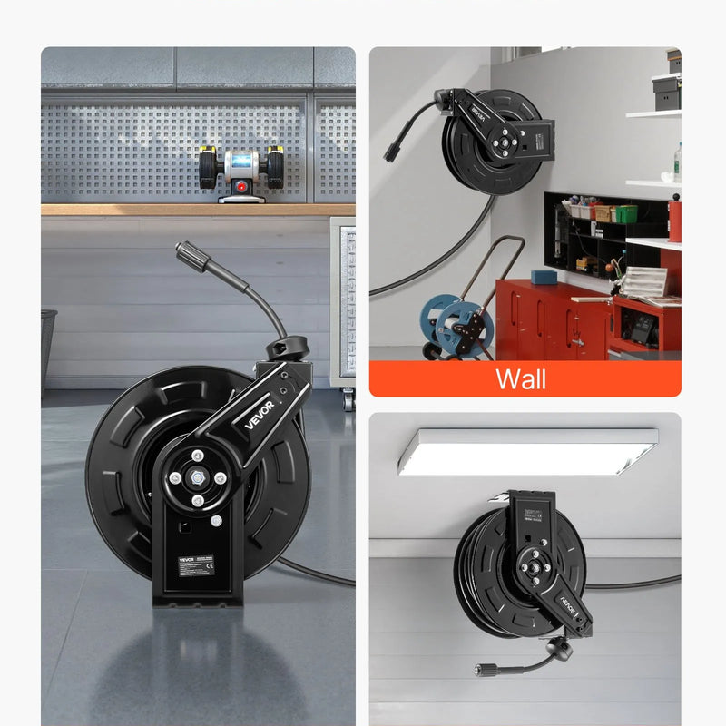 VEVOR augstspiediena mazgātāja šļūtenes spole ar automātisku ievilkšanu, 18,3 m x 6,4 mm, maksimālais spiediens 275 bar, pastiprināta tērauda konstrukcija, sienas vai grīdas montāža, piemērota auto mazgāšanai, dārzam un grīdu tīrīšanai - ZEMLETES.LV
