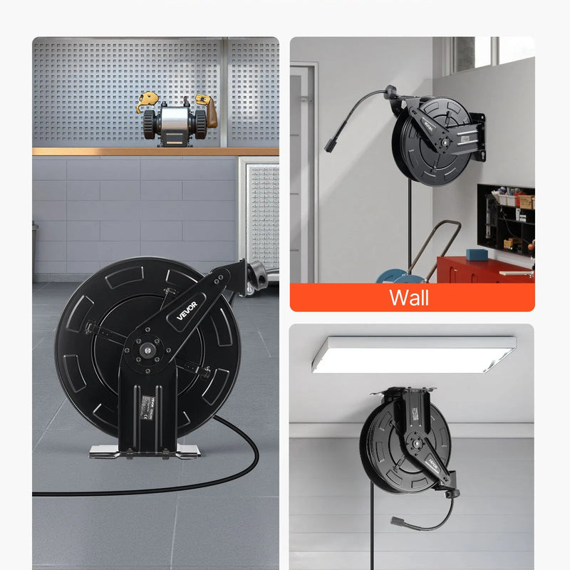 VEVOR augstspiediena mazgātāja šļūtenes spole ar automātisku ievilkšanu, 15,2 m x 9,5 mm, maksimālais spiediens 275 bar, pastiprināta tērauda konstrukcija, sienas vai grīdas montāža, piemērota auto mazgāšanai, dārzam un grīdu tīrīšanai - ZEMLETES.LV