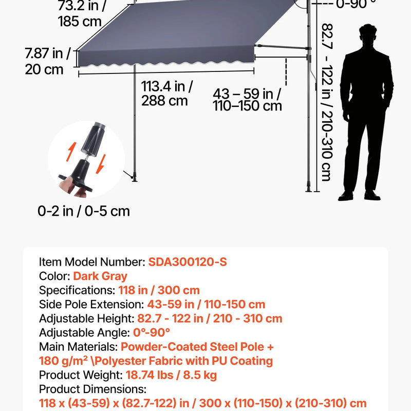 VEVOR manuāli izvelkama terases markīze 300 cm, augstumā regulējams saulessargs ar kloķi terasei, dārzam un balkonam, tumši pelēka krāsa