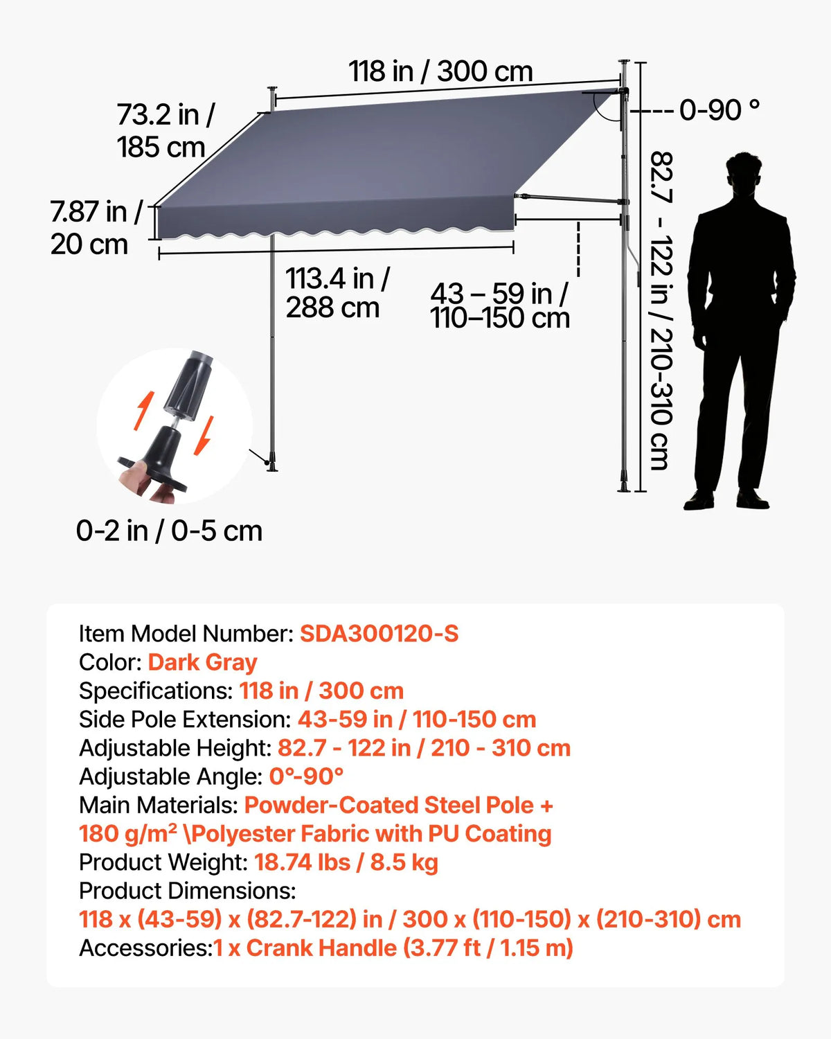 VEVOR Manual Retractable Awning 300 cm, Height-Adjustable Sun Shade with Crank for Terrace, Garden and Balcony, Dark Grey