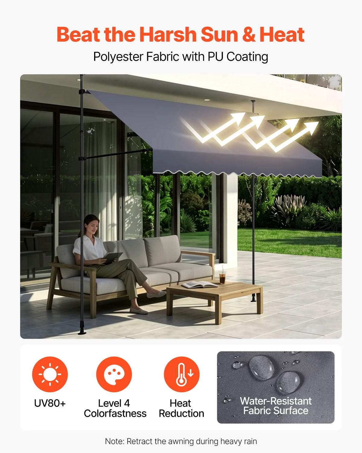 VEVOR Manual Retractable Awning 300 cm, Height-Adjustable Sun Shade with Crank for Terrace, Garden and Balcony, Dark Grey