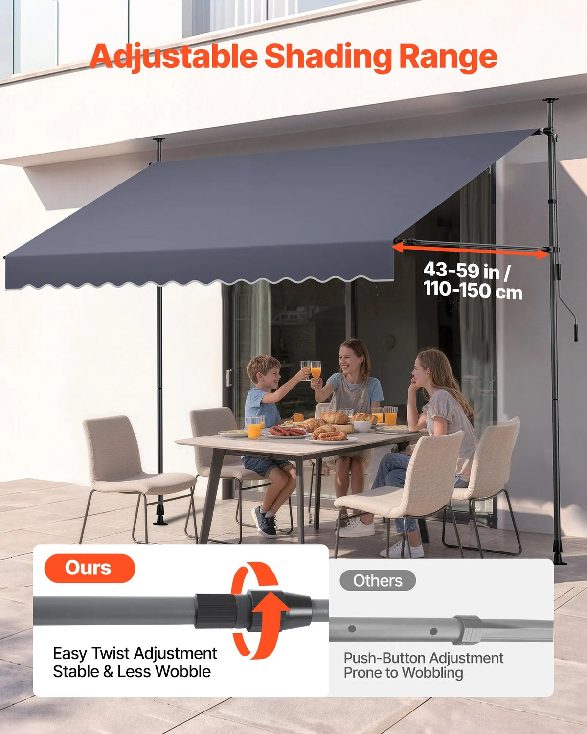 VEVOR Manual Retractable Awning 300 cm, Height-Adjustable Sun Shade with Crank for Terrace, Garden and Balcony, Dark Grey