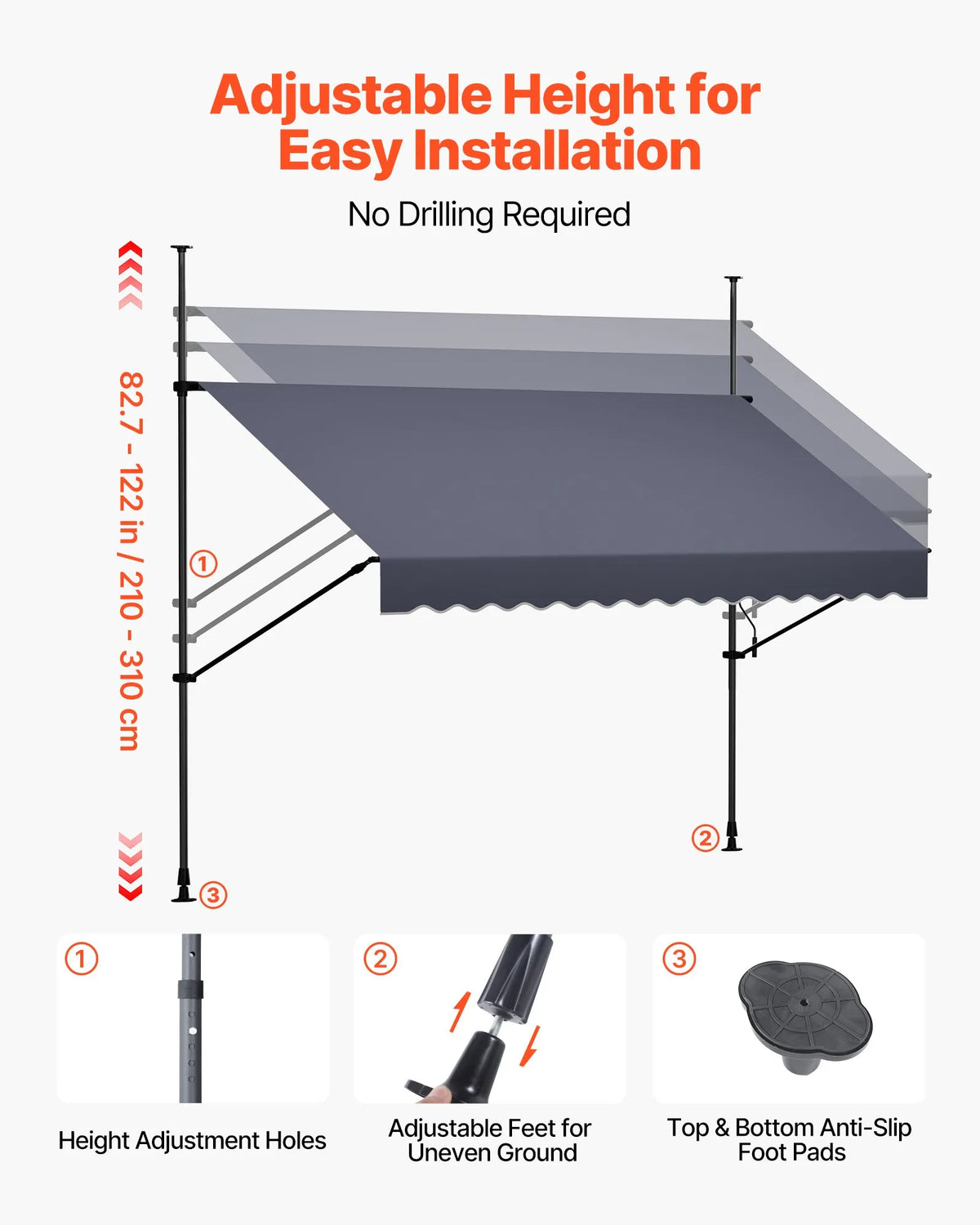 VEVOR Manual Retractable Awning 300 cm, Height-Adjustable Sun Shade with Crank for Terrace, Garden and Balcony, Dark Grey