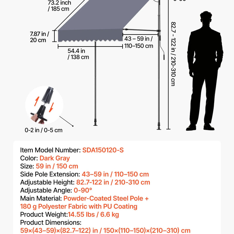 VEVOR manuāli izvelkama terases markīze 150 cm, augstumā regulējams saulessargs ar kloķi terasei, dārzam un balkonam, tumši pelēka krāsa
