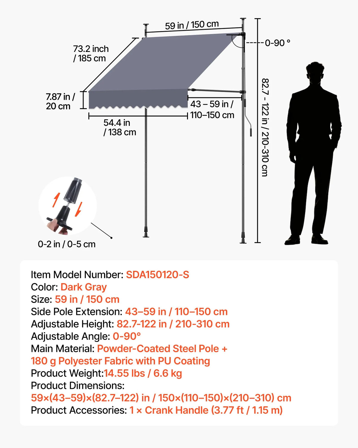 VEVOR Manual Retractable Awning 150 cm, Height-Adjustable Sunshade with Crank for Terrace, Garden and Balcony, Dark Grey