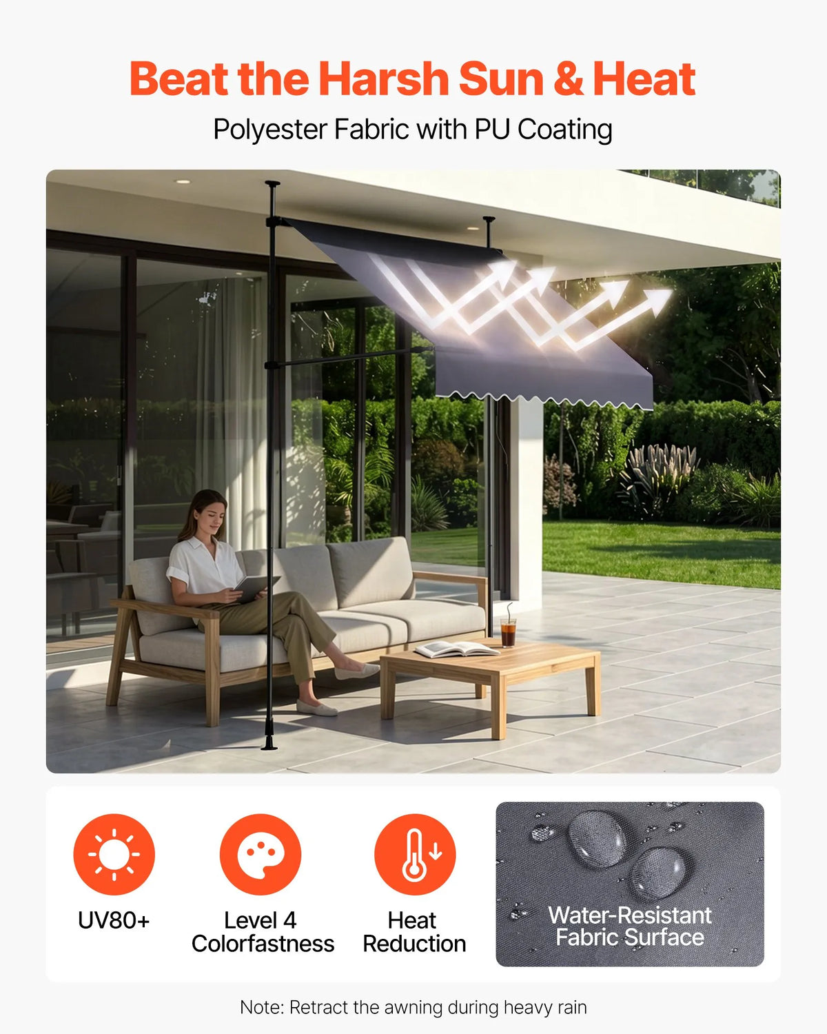 VEVOR Manual Retractable Awning 150 cm, Height-Adjustable Sunshade with Crank for Terrace, Garden and Balcony, Dark Grey