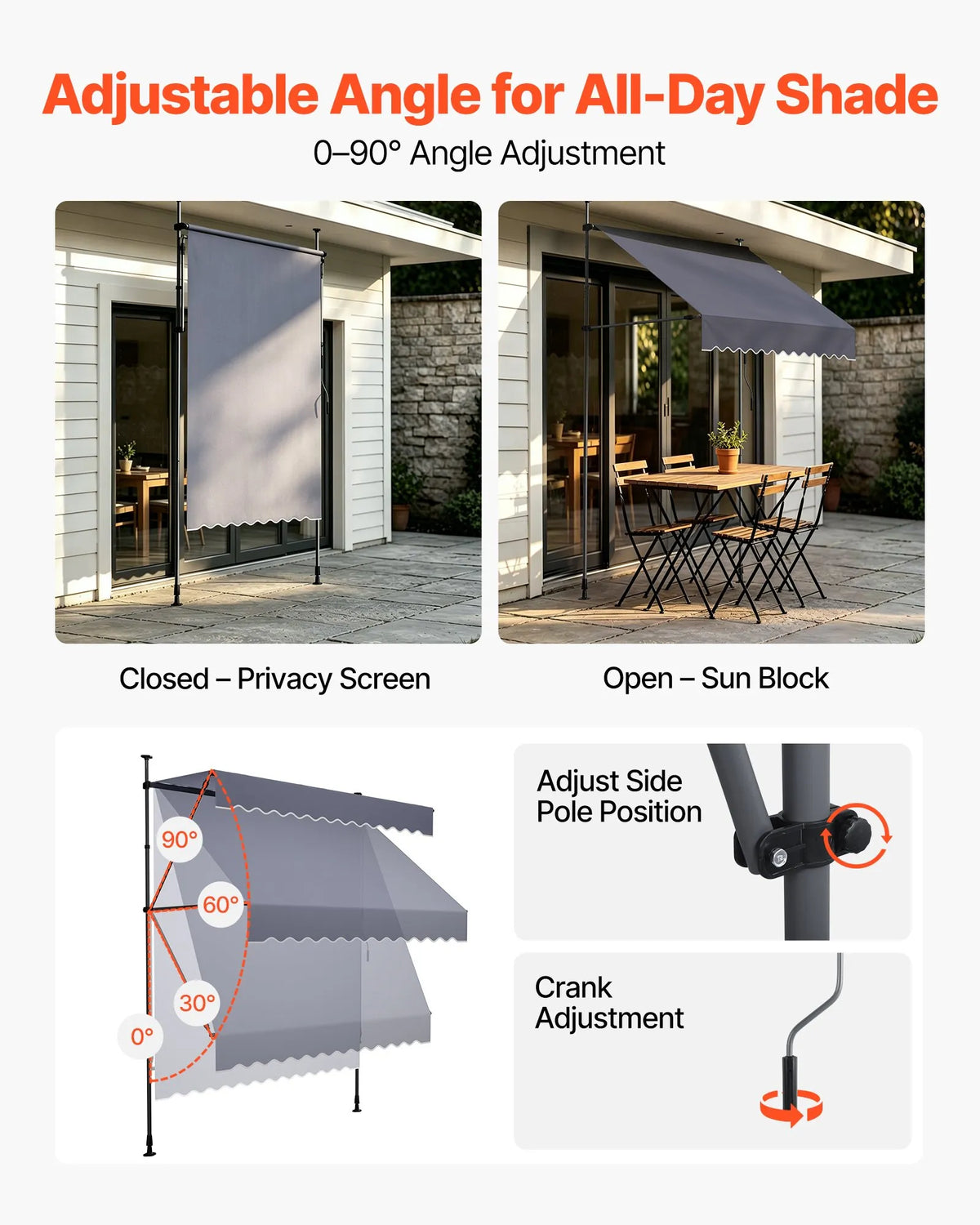 VEVOR Manual Retractable Awning 150 cm, Height-Adjustable Sunshade with Crank for Terrace, Garden and Balcony, Dark Grey