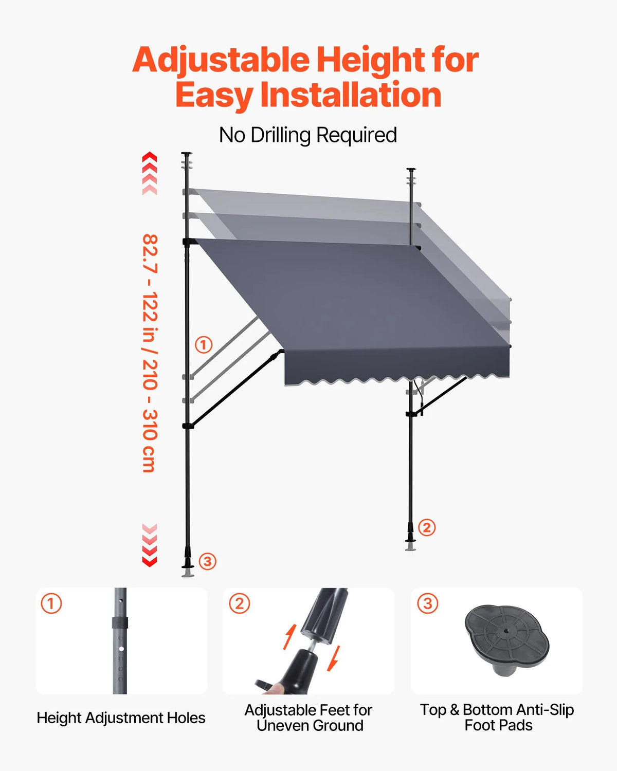 VEVOR Manual Retractable Awning 150 cm, Height-Adjustable Sunshade with Crank for Terrace, Garden and Balcony, Dark Grey