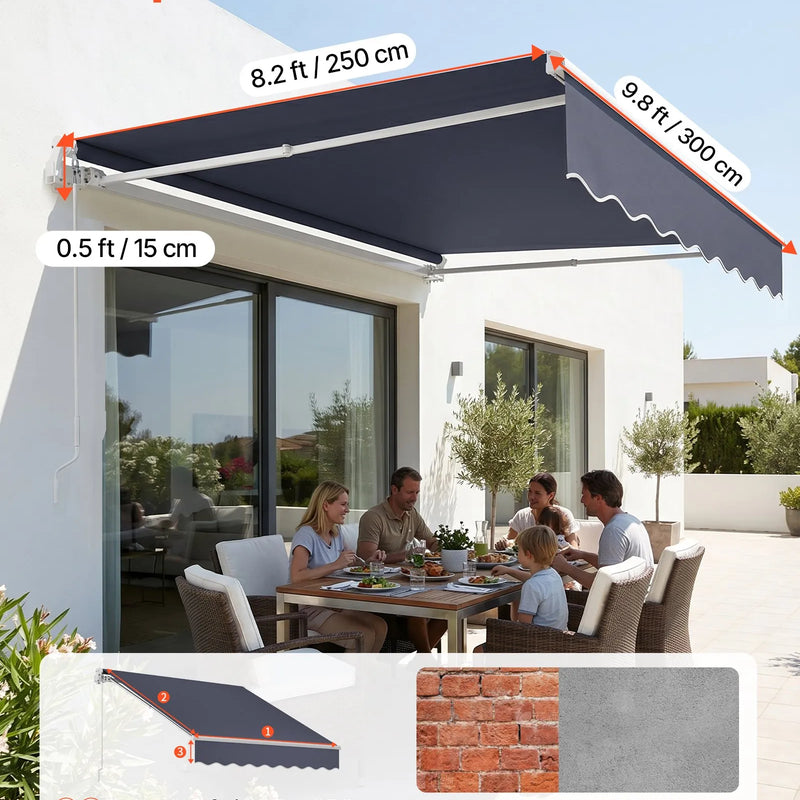 VEVOR manuāli izvelkama terases markīze 300 × 250 cm ar kloķi, ūdensizturīgs poliestera saulessargs terasei, balkonam un pagalmam, pelēka krāsa