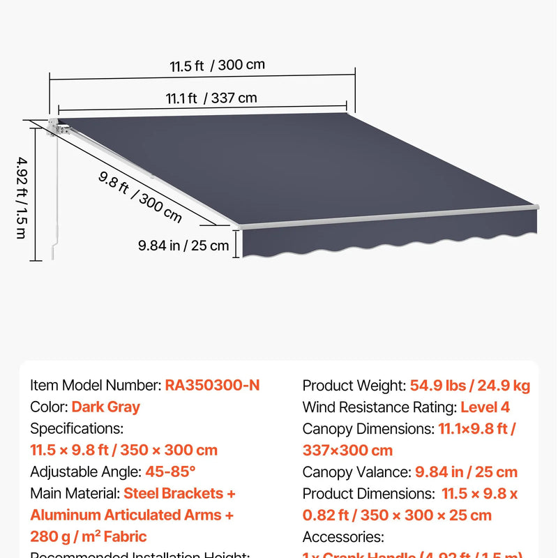 VEVOR manuāli izvelkama terases markīze 350 × 300 cm ar kloķi, ūdensizturīgs poliestera saulessargs terasei, balkonam un pagalmam, pelēka krāsa