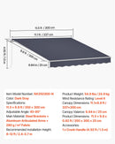 VEVOR manuāli izvelkama terases markīze 350 × 300 cm ar kloķi, ūdensizturīgs poliestera saulessargs terasei, balkonam un pagalmam, pelēka krāsa