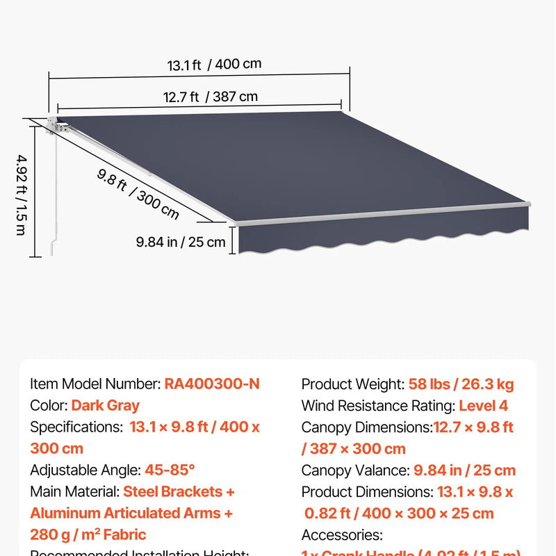 VEVOR manuāli izvelkama terases markīze 400 × 300 cm ar kloķi, ūdensizturīgs poliestera saulessargs terasei, balkonam un pagalmam, pelēka krāsa
