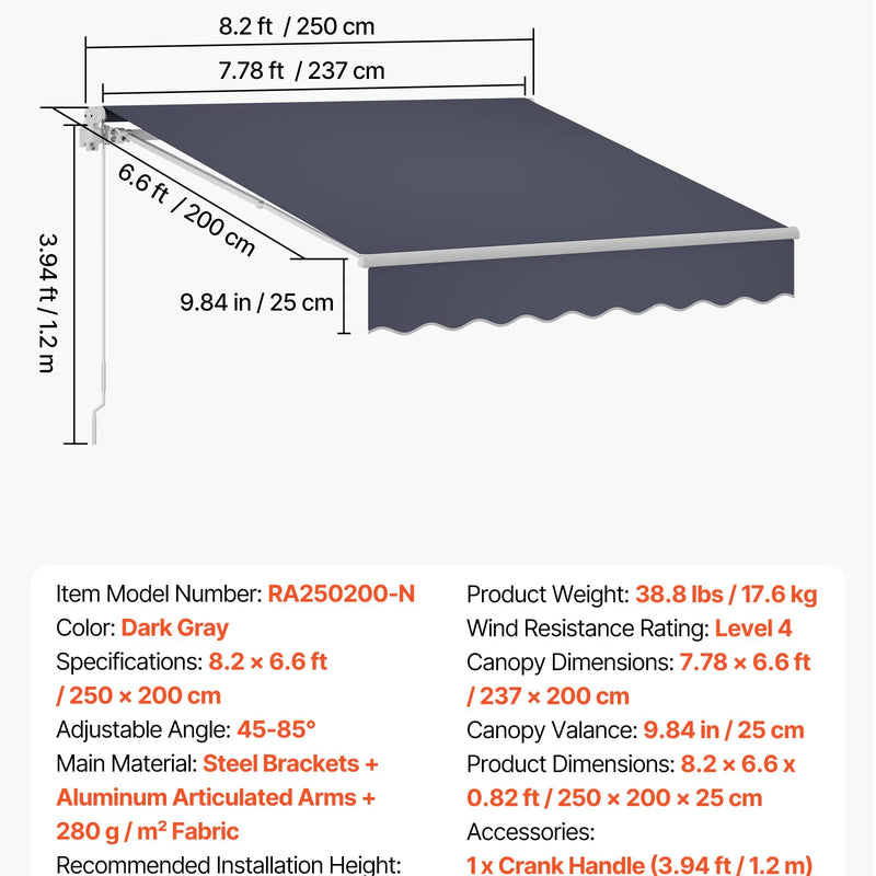 VEVOR manuāli izvelkama terases markīze 250 × 200 cm ar kloķi, ūdensizturīgs poliestera saulessargs terasei, balkonam un pagalmam, pelēka krāsa