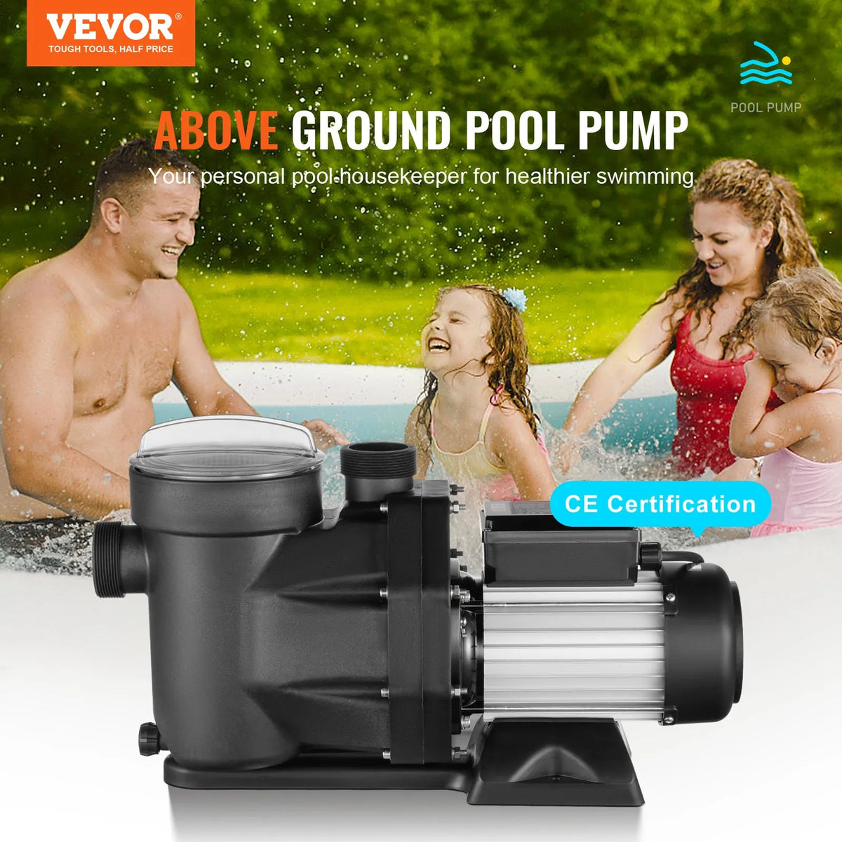 VEVOR virszemes baseina sūknis, 1100 W, 220–240 V, divu ātrumu 1450/2860 apgr./min, maksimālā plūsma 27 800 l/h, energoefektīvs baseina sūknis ar CE sertifikāciju