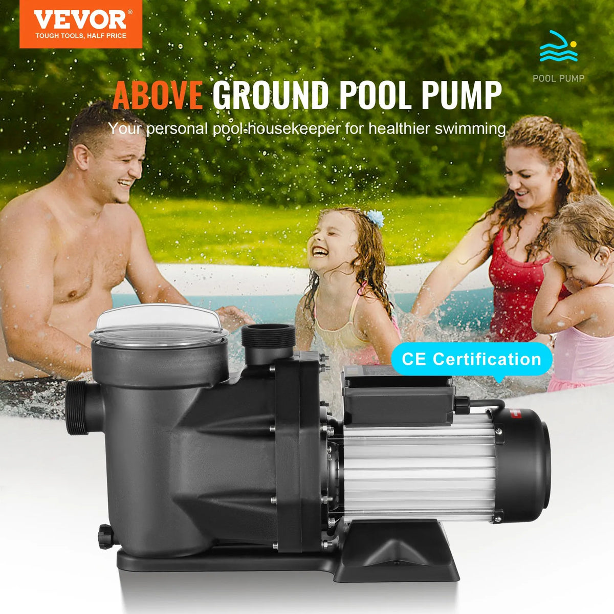 VEVOR Above-Ground Pool Pump 1500 W (2 HP), 220–240 V, Dual Speed 1450/2860 RPM, Flow Up to 33,000 L/h, Energy-Efficient Swimming Pool Pump, CE Certified