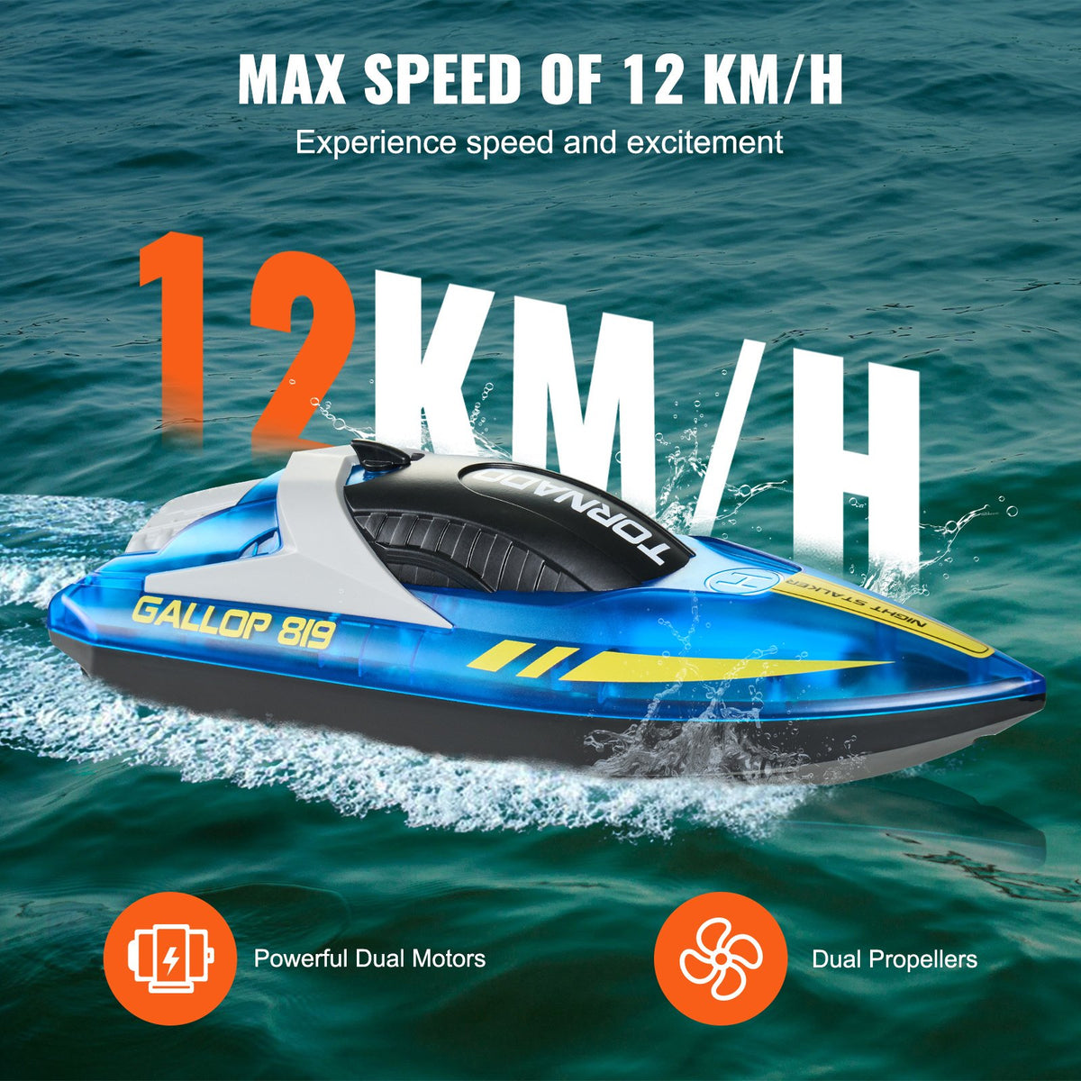 VEVOR RC-võidusõidupaat 2,4 GHz, 12 km/h, LED-iga, sinine