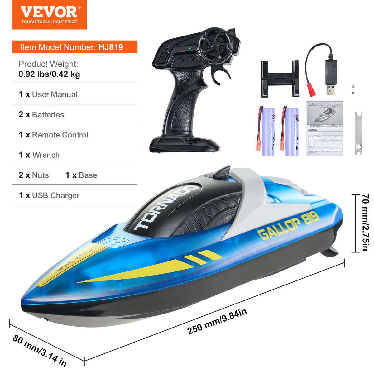 VEVOR RC-võidusõidupaat 2,4 GHz, 12 km/h, LED-iga, sinine